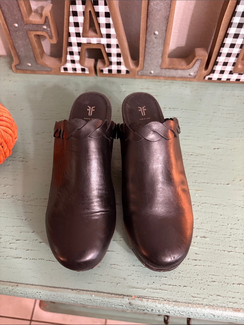 Frye Black Leather Braided-Trim Clog Mules SZ 7.5 M